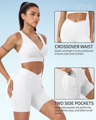 Women's Biker Shorts Crossover High Waisted Athletic Shorts Workout Running Yoga Gym Shorts with Two Side Pockets in Saudi Arabia