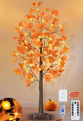 [ Remote Control & Timer ] TURNMEON 5 Ft Lighted Prelit Maple Tree Fall Decorations for Home, 72 Warm White LEDs 6 Patented Pumpkin Lights 8 Modes Thanksgiving Fall Halloween Decor Indoor Outdoor in Saudi Arabia