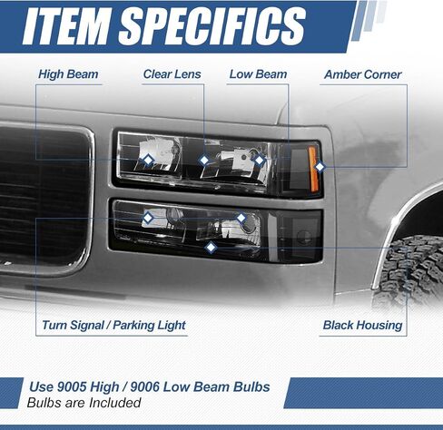 Auto Dynasty Headlights Assembly Compatible with Chevy C10 Silverado Tahoe Suburban C/K 1500 2500 3500 Blazer 1994 1995 1996 1997 1998, Bumper Corner Lamps, Driver and Passenger Side, Black Housing in Saudi Arabia