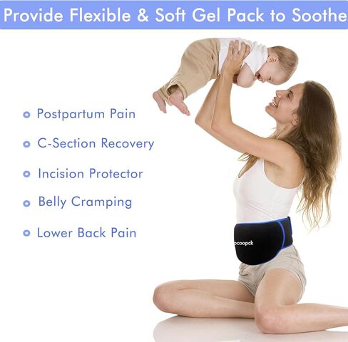عبوات ثلج هلامية قابلة للفصل لاستعادة القسم C، حزمة باردة للبطن قابلة للتعديل مع غطاء قابل للغسل في الغسالة، أساسيات ما بعد الولادة مع ضغط بارد، مهدئ للتورم وحماية الشق، أسود in Kuwait
