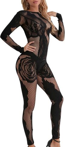 Sexy See Through Lace Jumpsuit for Women Mesh Long Sleeve Hollow Romper Bodysuit Clubwear Party Outfits in Saudi Arabia