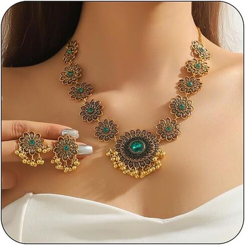 Bethynas Indian Jewelry Set for Women Boho Gold Crystal Flower Choker Necklace Retro Dangle Drop Earrings Traditional Bridal Wedding Belly Dance Accessories Set in Saudi Arabia