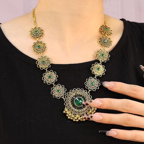 Bethynas Indian Jewelry Set for Women Boho Gold Crystal Flower Choker Necklace Retro Dangle Drop Earrings Traditional Bridal Wedding Belly Dance Accessories Set in Saudi Arabia