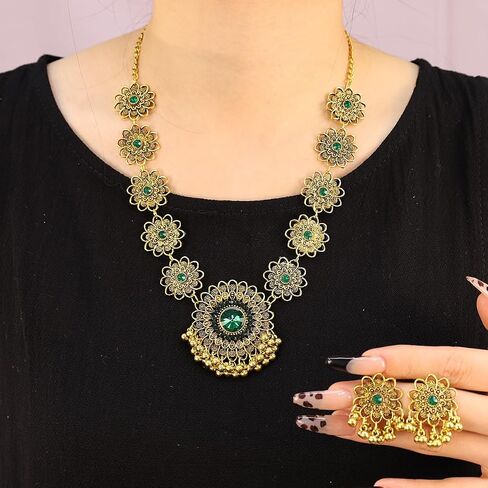 Bethynas Indian Jewelry Set for Women Boho Gold Crystal Flower Choker Necklace Retro Dangle Drop Earrings Traditional Bridal Wedding Belly Dance Accessories Set in Saudi Arabia