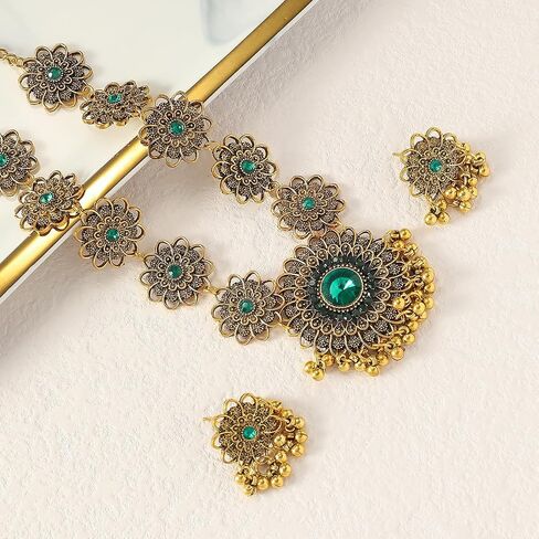 Bethynas Indian Jewelry Set for Women Boho Gold Crystal Flower Choker Necklace Retro Dangle Drop Earrings Traditional Bridal Wedding Belly Dance Accessories Set in Saudi Arabia