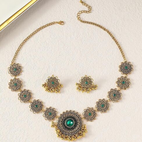 Bethynas Indian Jewelry Set for Women Boho Gold Crystal Flower Choker Necklace Retro Dangle Drop Earrings Traditional Bridal Wedding Belly Dance Accessories Set in Saudi Arabia