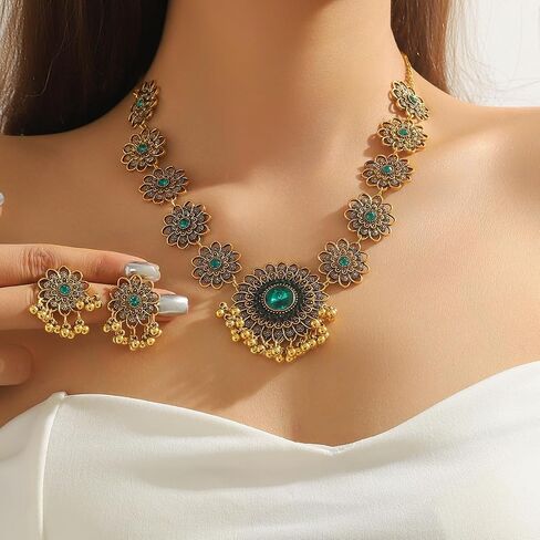 Bethynas Indian Jewelry Set for Women Boho Gold Crystal Flower Choker Necklace Retro Dangle Drop Earrings Traditional Bridal Wedding Belly Dance Accessories Set in Saudi Arabia