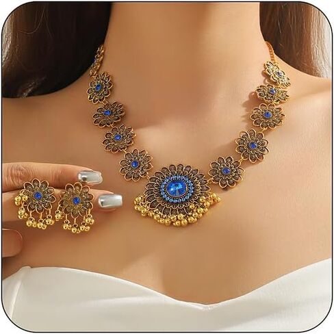 Bethynas Indian Jewelry Set for Women Boho Gold Crystal Flower Choker Necklace Retro Dangle Drop Earrings Traditional Bridal Wedding Belly Dance Accessories Set in Saudi Arabia