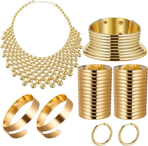 Sureio 7 Pcs African National Jewelry Egyptian for Women Set, Metal Bib Collar Necklace, Gold Chunky Statement Choker Collars, Bracelet Bangle, Armlet, Hoop Earrings for Medieval Cosplay Costumes in Saudi Arabia