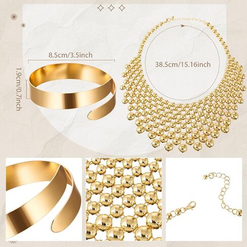 Sureio 7 Pcs African National Jewelry Egyptian for Women Set, Metal Bib Collar Necklace, Gold Chunky Statement Choker Collars, Bracelet Bangle, Armlet, Hoop Earrings for Medieval Cosplay Costumes in Saudi Arabia
