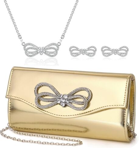 3 Pieces Evening Rhinestone Jewelry Set Crystal Bow Clutch Purse for Women Bling Bow Necklace Earrings Set for Wedding Party Prom in Saudi Arabia