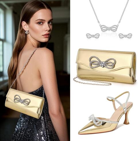 3 Pieces Evening Rhinestone Jewelry Set Crystal Bow Clutch Purse for Women Bling Bow Necklace Earrings Set for Wedding Party Prom in Saudi Arabia