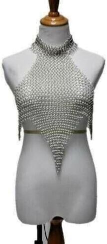 Chainmail Bikini Silver Aluminium 10MM Round Butted Rings Chain mail Top Crop Halter Top Lingerie For Sexy Women & Girls Fantasy Halloween Nerd Cosplay Costume (Anodized) in Saudi Arabia