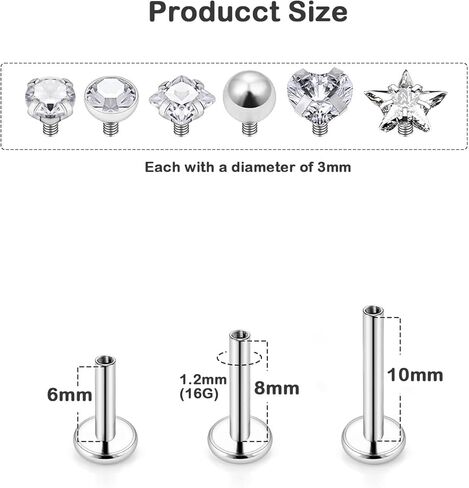 16G Piercing Jewelry 12 Pcs Set - Surgical Steel Internal Thread CZ Stud for Tragus/Nose/Helix/Conch/Medusa/Lip/Labret - Helix Tragus Cartilage Snake Bite Earring for Women Men in Kuwait