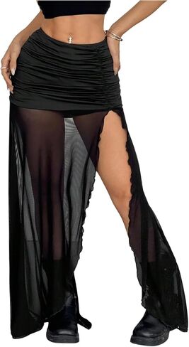 GORGLITTER Women's Goth Sheer High Slit Maxi Skirt Y2k Gothic Ruched Mesh Low Rise Bodycon Long Skirts with Shorts in Saudi Arabia