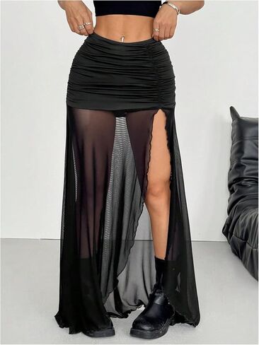 GORGLITTER Women's Goth Sheer High Slit Maxi Skirt Y2k Gothic Ruched Mesh Low Rise Bodycon Long Skirts with Shorts in Saudi Arabia