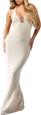 Milumia Women's Metal Floral Crochet Halter Dress Sexy Deep V Neck Bodycon Maxi Tank Dresses in Saudi Arabia