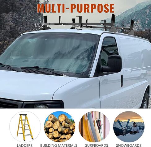 HECASA Universal 3 قضبان سقف حامل شاحنات كاملة الحجم متوافقة مع Chevy Express Ford E-Series GMC Savana 68 "-75" سلالم حمل فولاذية قابلة للتعديل in Saudi Arabia