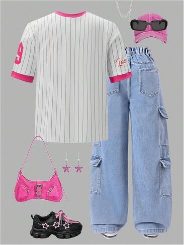 GORGLITTER Girl's Number Graphic Oversized Jersey Shirt Y2k Striped V Neck Short Sleeve Streetwear Tee Tops in Saudi Arabia