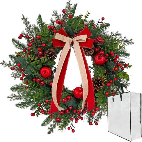 24 Inch Christmas Wreath: Includes Red Bow & Zipped Storage Bag - Red Apple Berry Lush Foliage Wreaths for Front Door - Perfect Easy Post-Season Storage for Year-Round Use in Saudi Arabia