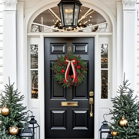 24 Inch Christmas Wreath: Includes Red Bow & Zipped Storage Bag - Red Apple Berry Lush Foliage Wreaths for Front Door - Perfect Easy Post-Season Storage for Year-Round Use in Saudi Arabia