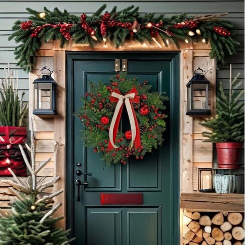 24 Inch Christmas Wreath: Includes Red Bow & Zipped Storage Bag - Red Apple Berry Lush Foliage Wreaths for Front Door - Perfect Easy Post-Season Storage for Year-Round Use in Saudi Arabia