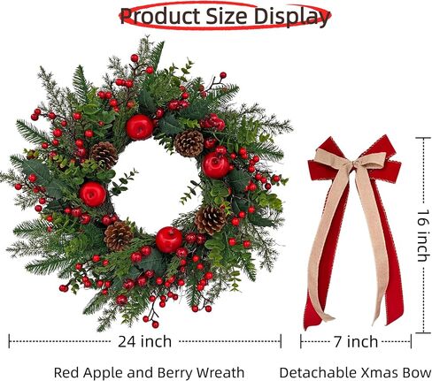 24 Inch Christmas Wreath: Includes Red Bow & Zipped Storage Bag - Red Apple Berry Lush Foliage Wreaths for Front Door - Perfect Easy Post-Season Storage for Year-Round Use in Saudi Arabia