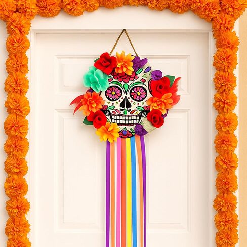 يوم الموتى إكليل للباب الأمامي خشبي السكر الجمجمة القطيفة الباب إكليل ديكور ضياء دي لوس Muertos علامة ترحيب معلقة لجميع القديسين المكسيكي جدار المنزل نافذة الشرفة in Saudi Arabia
