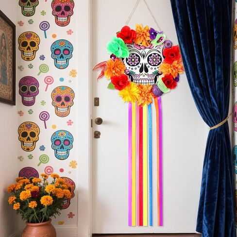 يوم الموتى إكليل للباب الأمامي خشبي السكر الجمجمة القطيفة الباب إكليل ديكور ضياء دي لوس Muertos علامة ترحيب معلقة لجميع القديسين المكسيكي جدار المنزل نافذة الشرفة in Saudi Arabia