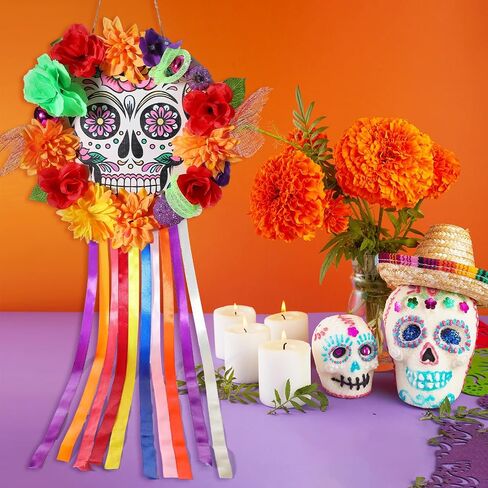 يوم الموتى إكليل للباب الأمامي خشبي السكر الجمجمة القطيفة الباب إكليل ديكور ضياء دي لوس Muertos علامة ترحيب معلقة لجميع القديسين المكسيكي جدار المنزل نافذة الشرفة in Saudi Arabia