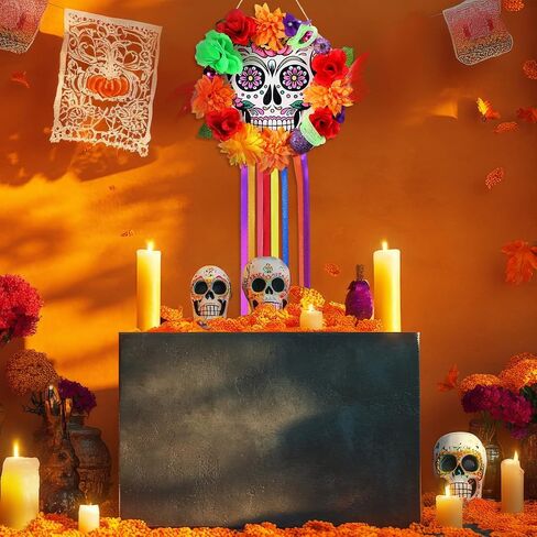 يوم الموتى إكليل للباب الأمامي خشبي السكر الجمجمة القطيفة الباب إكليل ديكور ضياء دي لوس Muertos علامة ترحيب معلقة لجميع القديسين المكسيكي جدار المنزل نافذة الشرفة in Saudi Arabia
