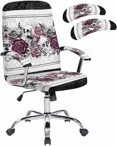أغطية كراسي مكتب الهالوين مع أغطية مسند للذراعين، غطاء كرسي دوار، فرع جمجمة ورود حمراء زهرة أبيض وأسود للكراسي بذراعين أغطية مسند ظهر وحاميات للمقعد، كبير in Kuwait