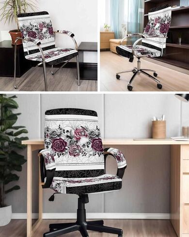 أغطية كراسي مكتب الهالوين مع أغطية مسند للذراعين، غطاء كرسي دوار، فرع جمجمة ورود حمراء زهرة أبيض وأسود للكراسي بذراعين أغطية مسند ظهر وحاميات للمقعد، كبير in Kuwait