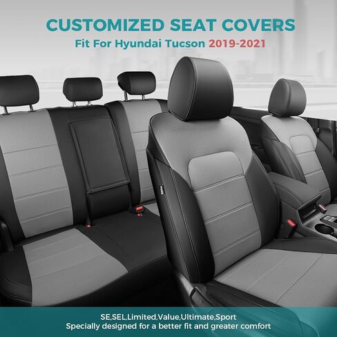 لأغطية مقاعد Hyundai Tucson 2019 2020 2021 - مجموعة كاملة من أغطية مقاعد Tucson الجلدية الملائمة حسب الطلب SE/SEL/Limited/Value/Ultimate/Sport تغطية كاملة لحماية المقاعد الأمامية والخلفية مقاومة للماء، بيج in Kuwait
