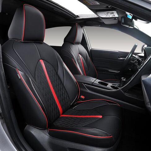أغطية مقاعد كامري مناسبة حسب الطلب لسيارة Toyota Camry LE,SE,SE Nightshade 2018-2024 تغطية كاملة مقاومة للماء وأغطية مقاعد السيارة الجلدية القابلة للتنفس مجموعة كاملة (أسود مع حافة حمراء) in Kuwait