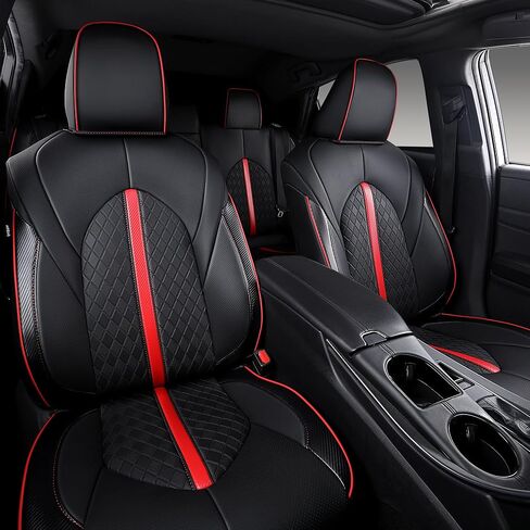أغطية مقاعد كامري مناسبة حسب الطلب لسيارة Toyota Camry LE,SE,SE Nightshade 2018-2024 تغطية كاملة مقاومة للماء وأغطية مقاعد السيارة الجلدية القابلة للتنفس مجموعة كاملة (أسود مع حافة حمراء) in Kuwait