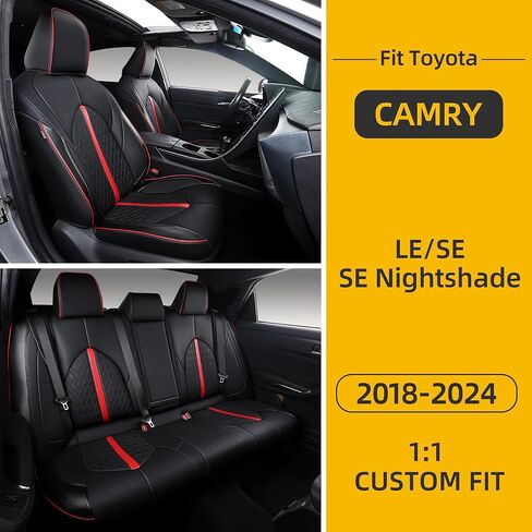 أغطية مقاعد كامري مناسبة حسب الطلب لسيارة Toyota Camry LE,SE,SE Nightshade 2018-2024 تغطية كاملة مقاومة للماء وأغطية مقاعد السيارة الجلدية القابلة للتنفس مجموعة كاملة (أسود مع حافة حمراء) in Kuwait