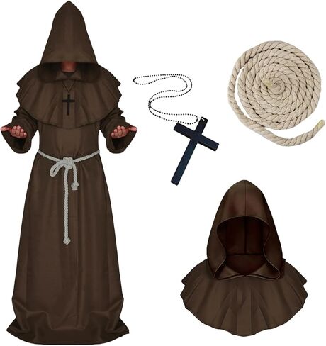 زي الراهب الراهب من ALIZIWAY، رداء بقلنسوة للكاهن للبالغين، عباءة كوسبلاي، أزياء الهالوين مع قلادة متقاطعة وحزام حبل in Kuwait