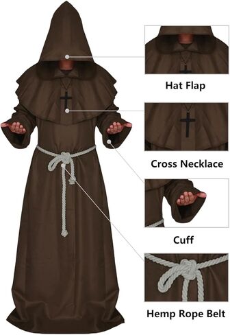 زي الراهب الراهب من ALIZIWAY، رداء بقلنسوة للكاهن للبالغين، عباءة كوسبلاي، أزياء الهالوين مع قلادة متقاطعة وحزام حبل in Kuwait