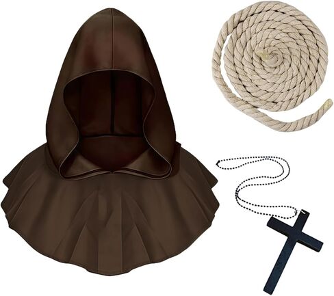 زي الراهب الراهب من ALIZIWAY، رداء بقلنسوة للكاهن للبالغين، عباءة كوسبلاي، أزياء الهالوين مع قلادة متقاطعة وحزام حبل in Kuwait