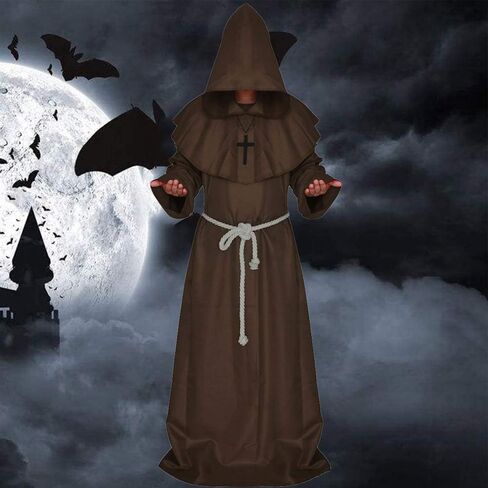 زي الراهب الراهب من ALIZIWAY، رداء بقلنسوة للكاهن للبالغين، عباءة كوسبلاي، أزياء الهالوين مع قلادة متقاطعة وحزام حبل in Kuwait