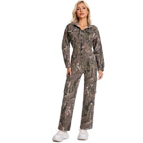 Women's Camo Jumpsuit Long Sleeve Coverall with Elastic Waist & Multi-Pockets for Outdoor Work, Hiking, Camping in Saudi Arabia