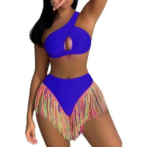 Segreto Women's Multicolored Tassels Bikini Sets Two Piece Swimsuit Tube Bra and Briefs Swimwear One Shoulder Bathing Suits in Kuwait