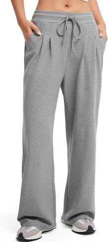 سراويل عمل نسائية واسعة الساق من SUUKSESS، سراويل عالية الخصر برباط وافل متماسكة in Kuwait