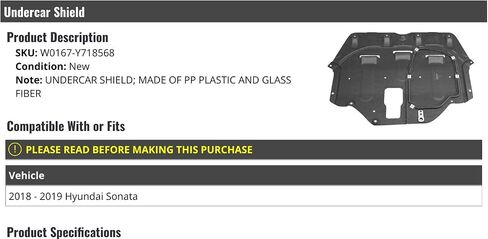 Lower Undercar Engine Shield Cover - Compatible with 2018-2019 Hyundai Sonata in Saudi Arabia