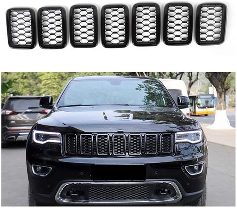 Front Grille Honeycomb Grill Inserts Fits For Jeep Grand Cherokee 2017 2018 2019 2020 2021 7 PCS Black in Saudi Arabia