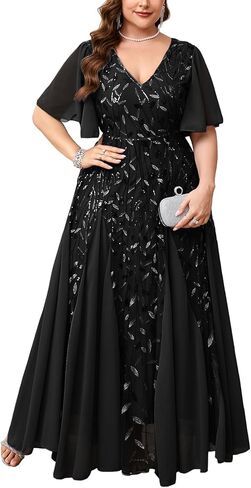 ZOMVA Plus Size 0X-4X Sequin Embroidery Formal Long Dress Glitter V-Neck A Line Prom Dress Wedding Evening Gown in Kuwait