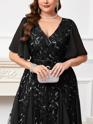 ZOMVA Plus Size 0X-4X Sequin Embroidery Formal Long Dress Glitter V-Neck A Line Prom Dress Wedding Evening Gown in Kuwait