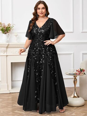 ZOMVA Plus Size 0X-4X Sequin Embroidery Formal Long Dress Glitter V-Neck A Line Prom Dress Wedding Evening Gown in Kuwait