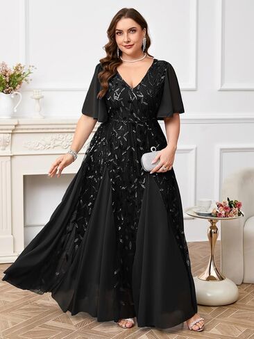 ZOMVA Plus Size 0X-4X Sequin Embroidery Formal Long Dress Glitter V-Neck A Line Prom Dress Wedding Evening Gown in Kuwait